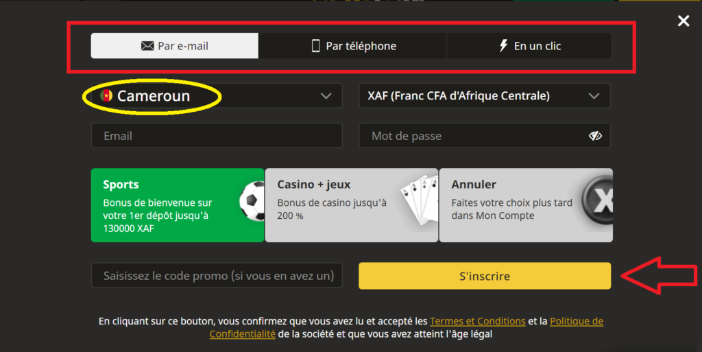 Inscription simple sur le bureau du bookmaker au Cameroun