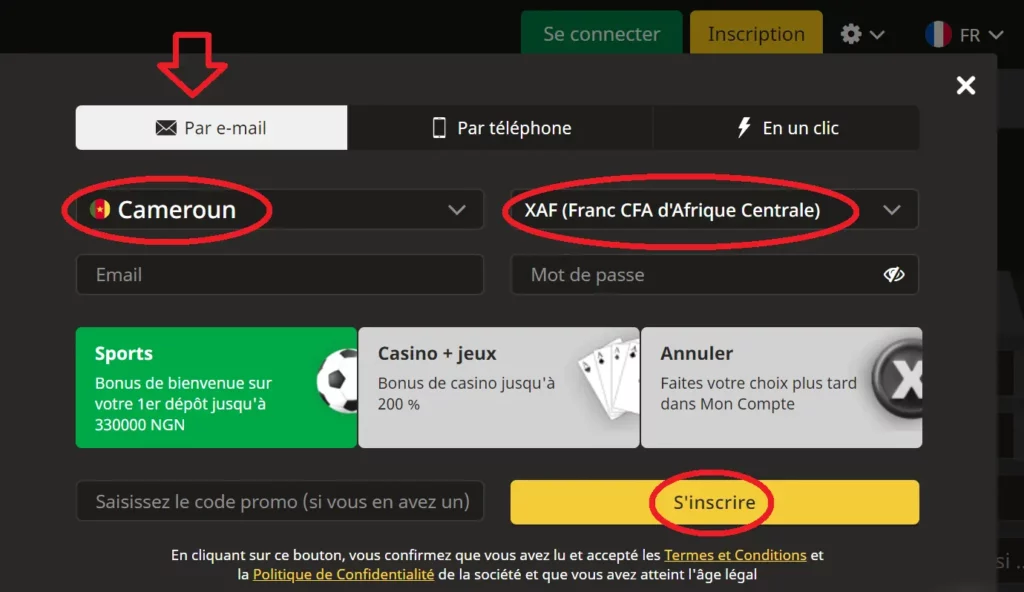 Créez un compte d'un bookmaker de AfroPari